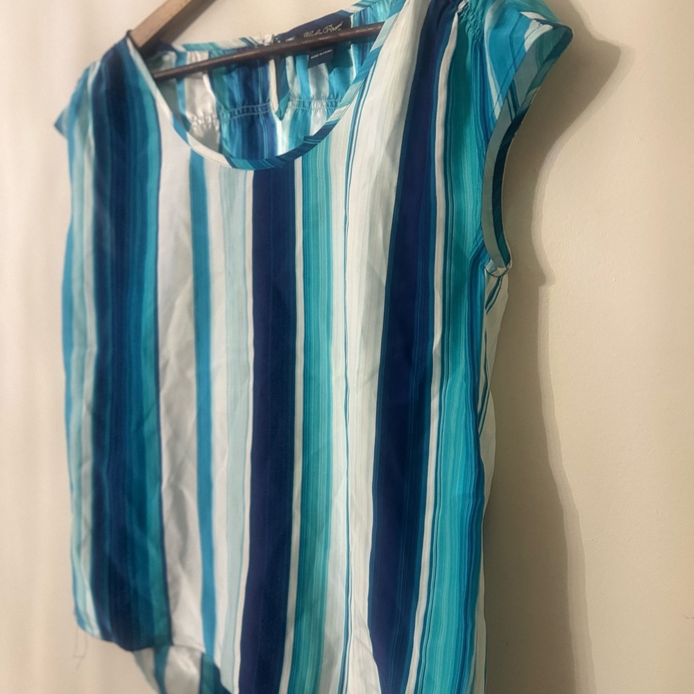 NWT Lucky Brand 100% Silk Striped Cap Sleeve Blouse Top Blue Teal Women’s Small - Picture 4 of 10